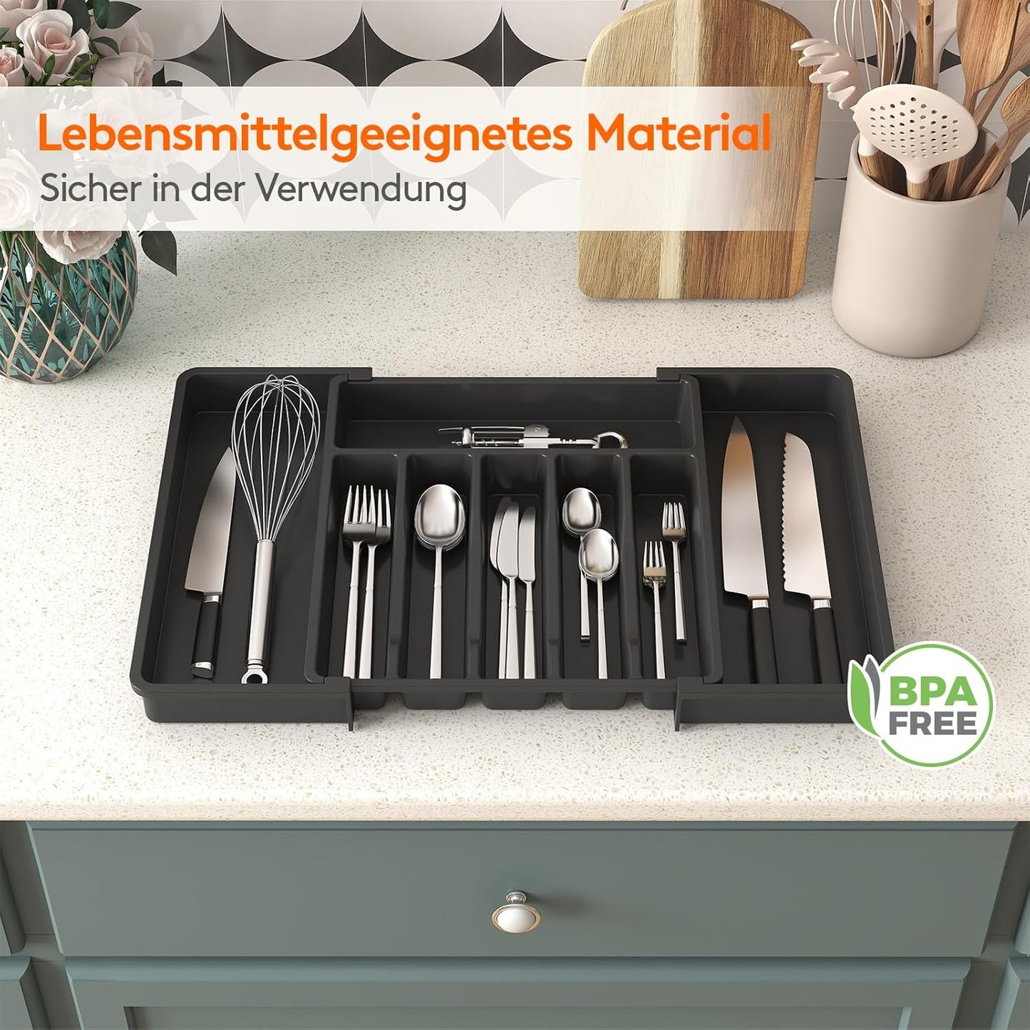 Lifewit Besteckkasten für Schubladen 40 50, Kunststoff Besteckeinsatz (Tiefe 38 cm), erweiterbare Besteckschublade Einsatz, Schubladen Organizer Küche für Besteck, Cutlery, Geschirr, Löffel, Schwarz