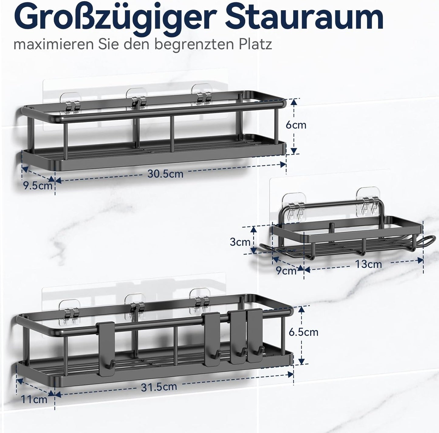YASONIC Duschregal ohne Bohren mit Seifenschale - Rostfreier & Stabiler Badezimmer Organizer, Schnelltrocknend Duschablage Badregal, Shampoo Halterung für Dusche Shower Shelf, 3 Stück Schwarz