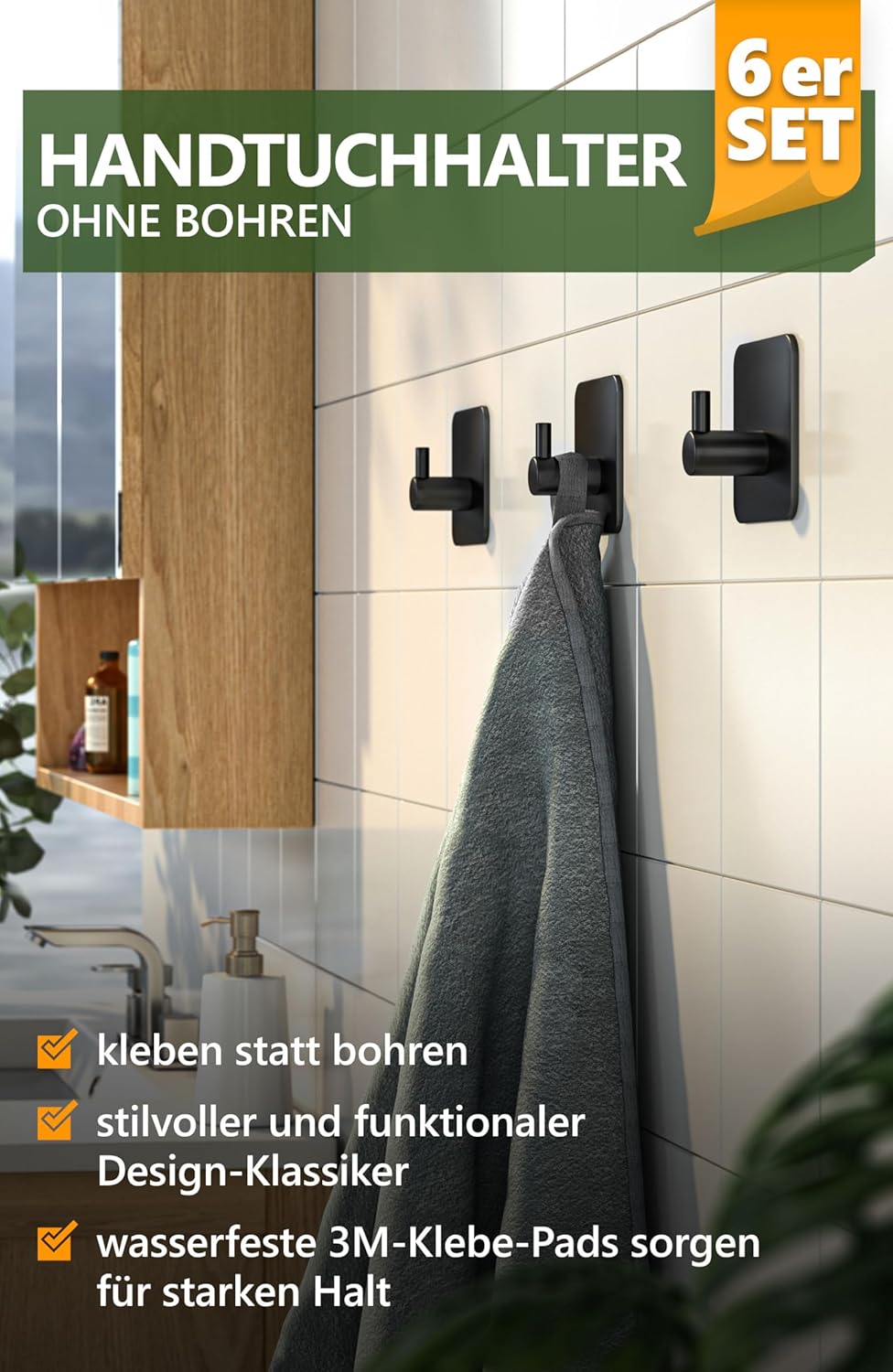 4smile Handtuchhalter ohne Bohren, 6er Set, schwarz - Badezimmer Handtuchhalter aus Edelstahl, funktionale Klebehaken, hohe Tragkraft - Wasserfeste Haken für Bad, Haken selbstklebend, Handtuchhaken