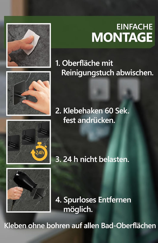 4smile Handtuchhalter ohne Bohren, 6er Set, schwarz - Badezimmer Handtuchhalter aus Edelstahl, funktionale Klebehaken, hohe Tragkraft - Wasserfeste Haken für Bad, Haken selbstklebend, Handtuchhaken