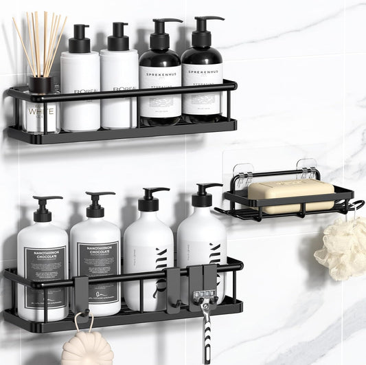 YASONIC Duschregal ohne Bohren mit Seifenschale - Rostfreier & Stabiler Badezimmer Organizer, Schnelltrocknend Duschablage Badregal, Shampoo Halterung für Dusche Shower Shelf, 3 Stück Schwarz