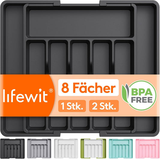 Lifewit Besteckkasten für Schubladen 40 50, Kunststoff Besteckeinsatz (Tiefe 38 cm), erweiterbare Besteckschublade Einsatz, Schubladen Organizer Küche für Besteck, Cutlery, Geschirr, Löffel, Schwarz