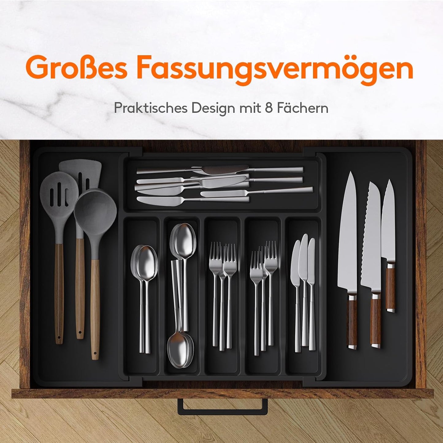 Lifewit Besteckkasten für Schubladen 40 50, Kunststoff Besteckeinsatz (Tiefe 38 cm), erweiterbare Besteckschublade Einsatz, Schubladen Organizer Küche für Besteck, Cutlery, Geschirr, Löffel, Schwarz