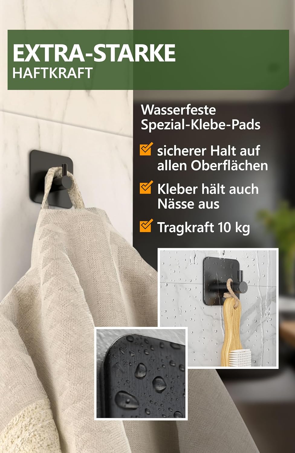4smile Handtuchhalter ohne Bohren, 6er Set, schwarz - Badezimmer Handtuchhalter aus Edelstahl, funktionale Klebehaken, hohe Tragkraft - Wasserfeste Haken für Bad, Haken selbstklebend, Handtuchhaken