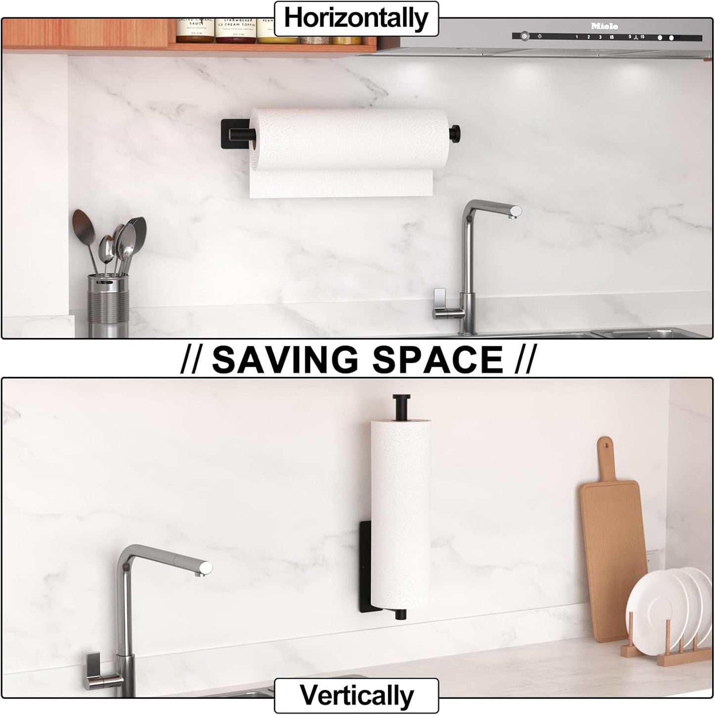 Küchenrollenhalter – selbstklebend oder bohrbar, mattschwarzer Papierhandtuchhalter zur Wandmontage für die Küche, Küchenrollenspender aus Edelstahl SUS304 unter dem Schrank