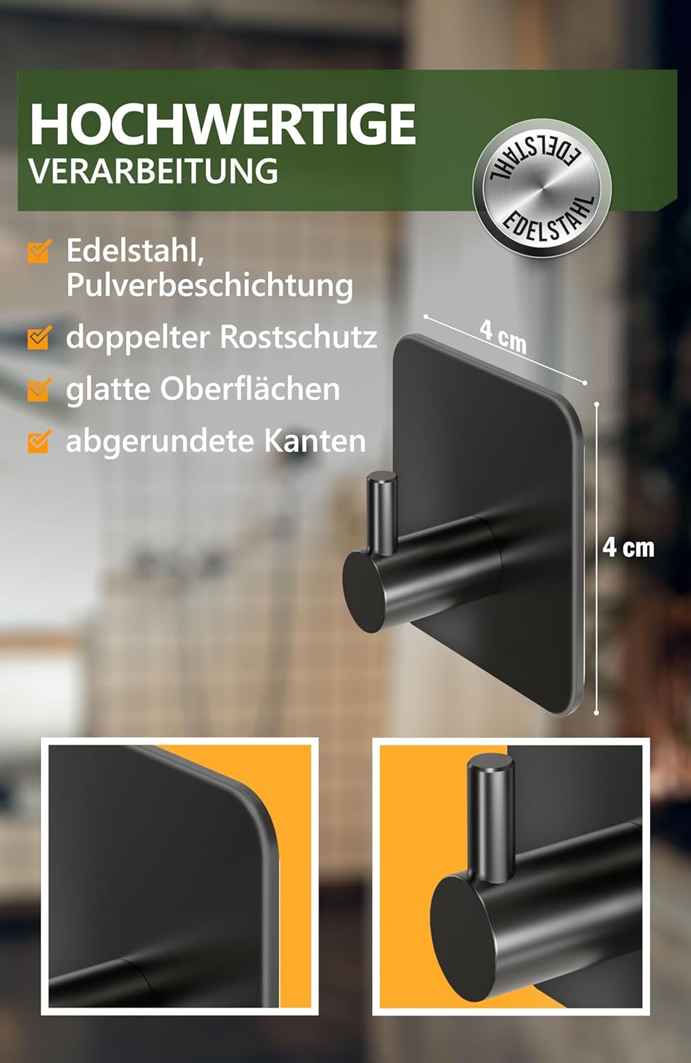 4smile Handtuchhalter ohne Bohren, 6er Set, schwarz - Badezimmer Handtuchhalter aus Edelstahl, funktionale Klebehaken, hohe Tragkraft - Wasserfeste Haken für Bad, Haken selbstklebend, Handtuchhaken