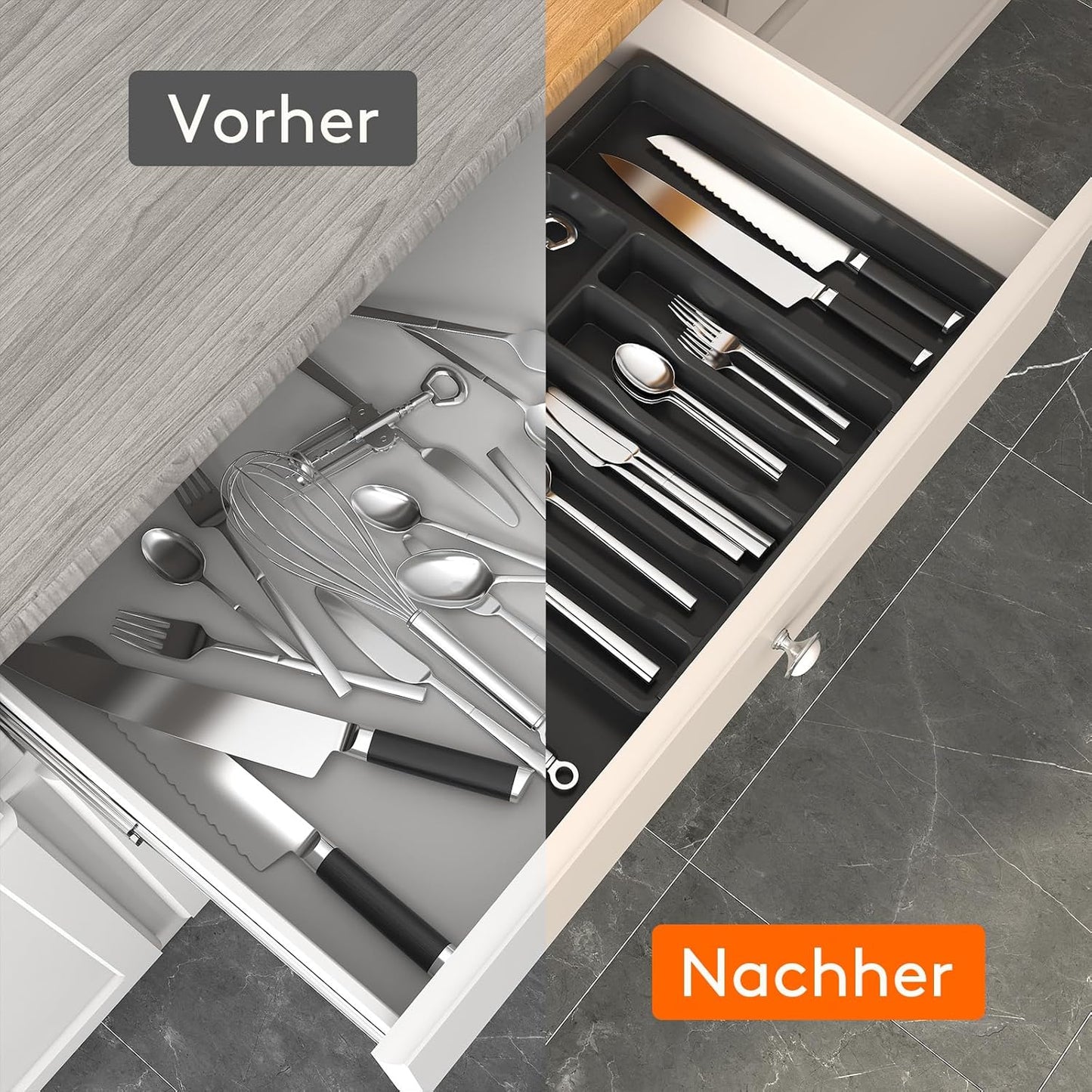 Lifewit Besteckkasten für Schubladen 40 50, Kunststoff Besteckeinsatz (Tiefe 38 cm), erweiterbare Besteckschublade Einsatz, Schubladen Organizer Küche für Besteck, Cutlery, Geschirr, Löffel, Schwarz