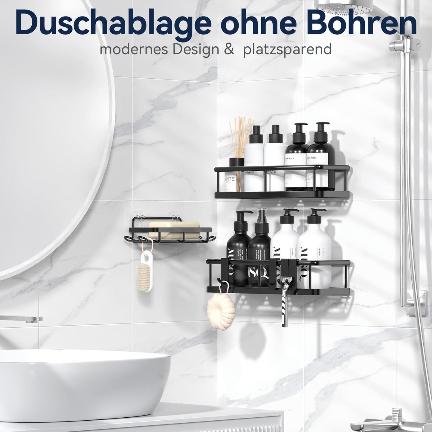 YASONIC Duschregal ohne Bohren mit Seifenschale - Rostfreier & Stabiler Badezimmer Organizer, Schnelltrocknend Duschablage Badregal, Shampoo Halterung für Dusche Shower Shelf, 3 Stück Schwarz