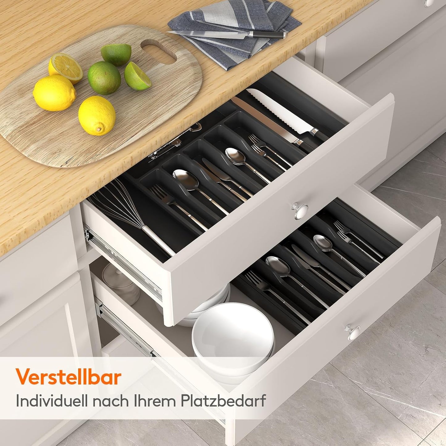 Lifewit Besteckkasten für Schubladen 40 50, Kunststoff Besteckeinsatz (Tiefe 38 cm), erweiterbare Besteckschublade Einsatz, Schubladen Organizer Küche für Besteck, Cutlery, Geschirr, Löffel, Schwarz